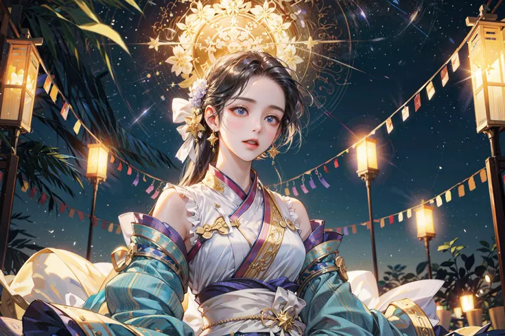 ((best quality, masterpiece, absurbres)) Tanabata Festival, Celestial Wishes, Starlit Serenade, Cultural Festivities, Vibrant Decorations, Serene Night Skies
