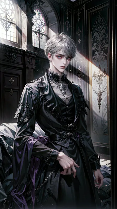 ((best quality, masterpiece, absurdres)) Black, Gray, Purple, Abandoned Mansion, Dark Light, Gothic Fashion, Moody Pose
