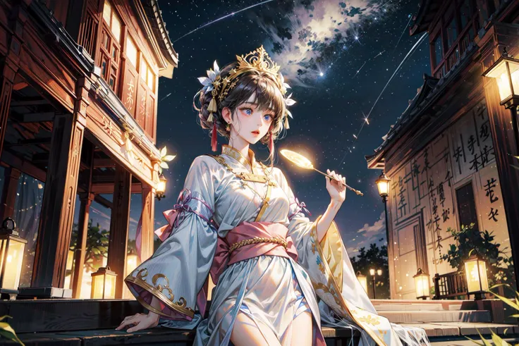((best quality, masterpiece, absurbres)) Tanabata Festival, Celestial Wishes, Starlit Serenade, Cultural Festivities, Vibrant Decorations, Serene Night Skies