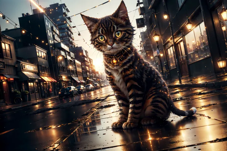 <lora:ExplosionMagic-20:0.6> explosionmagic , <lora:GoldenTech-20:0.4> goldentech, golden, reflective , (masterpiece, best quality, realistic, detailed, crisp:1.2), (landscape, dutch angle), small cute cat sitting, big city, sunset, reflective surfaces, wet streets, desolate, glowing aura,