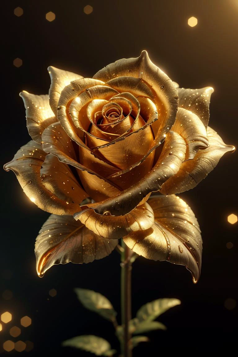 (8k, RAW photo, best quality, masterpiece:1.2), (realistic, photo-realistic:1.37), macro, closeup, rose, flower, dark background, <lora:GoldenTech:0.5> goldentech, golden, reflective , scifi <lora:MidasMagic:0.15> midasmagic, golden aura, glint