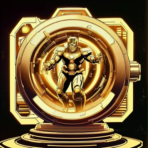 60s scifi ink comic by Jack Kirby, A complex machine, <lora:GoldenTech:0.8> goldentech, golden, reflective
