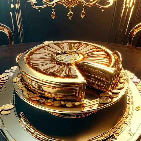 masterpiece, best quality, highres, ultra-detailed, table, (gold cake slice:1.1), gold fruit, dessert, dessert, sweets, (gold coins:1.3), <lora:GoldenTech-20:1> goldentech, golden, reflective , scifi