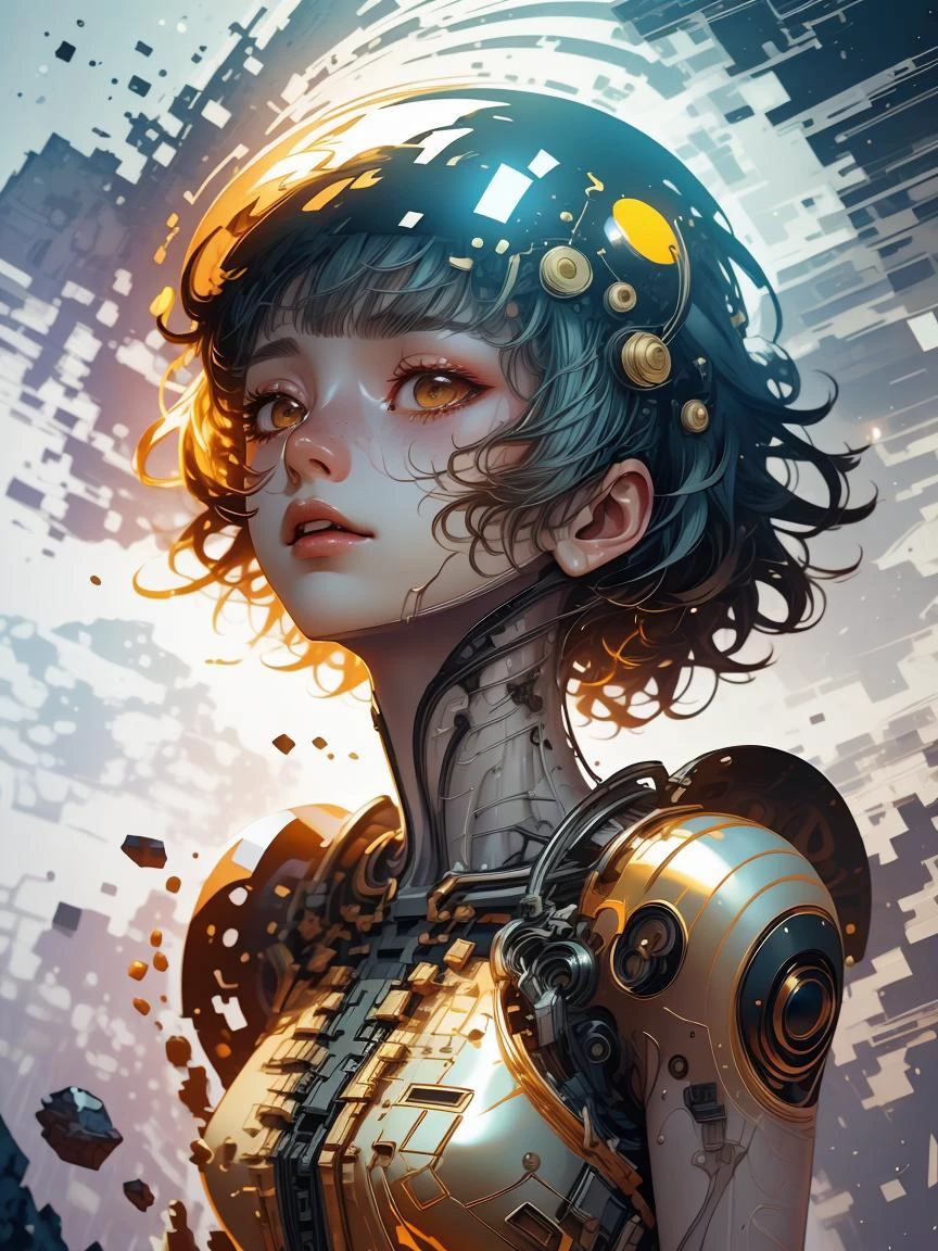 (Light hearted Vector image:1.3) of (Ultrarealistic:1.3) <lora:GoldenTech:0.45> goldentech, golden, reflective, scifi <lora:GelatinTech:0.45> gelatintech, see-through, transparent, scifi <lora:M4rbleSCNEWCIVIT(1):0.9> M4rbleSCNEW,(Flat style:1.3),Illustration,Behance,robot,((cyborg)),machine,futuristic,concept Art by senior character Artist,featured on zbrush central,trending on polycount,trending on ArtStation,CGSociety,hard surface modeling, <lora:LCM_LoRA_Weights_SD15:1>, shiny, shiny hair, shiny skin, shiny clothes