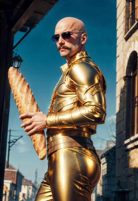 <lora:add_detail:0.4> <lora:GoldenTech:0.6> goldentech, (masterpiece, best quality, realistic, detailed, crisp:1.2), BREAK (dutch angle, low angle, picture), (1boy, bald), wearing shades, tinted sunglasses, BREAK (holding a golden baguette), serious expression, long french mustache, firm stance, gleam, shine, backlighting, golden, reflective,
