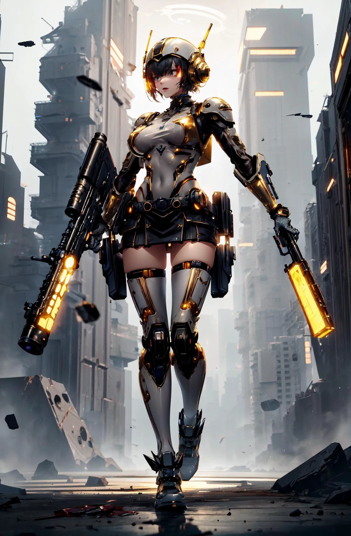 masterpiece, top quality, wallpaper, sharp focus, slender 4K, 1girl, white background, glint, flare, action scene, (light particles:0.8), <lora:add_detail:0.5>, <lora:GelatinTech:0.5> gelatintech, see-through, transparent, scifi, cyberpunk boobs, <lora:M4rbleSCNEWCIVIT(1):0.6> M4rbleSCNEW,(gun:1.5), (helmet:1.2), police, big gun, miniskirt, transparent, gloves,blood, <lora:GoldenTech:0.5> goldentech, golden, reflective , scifi