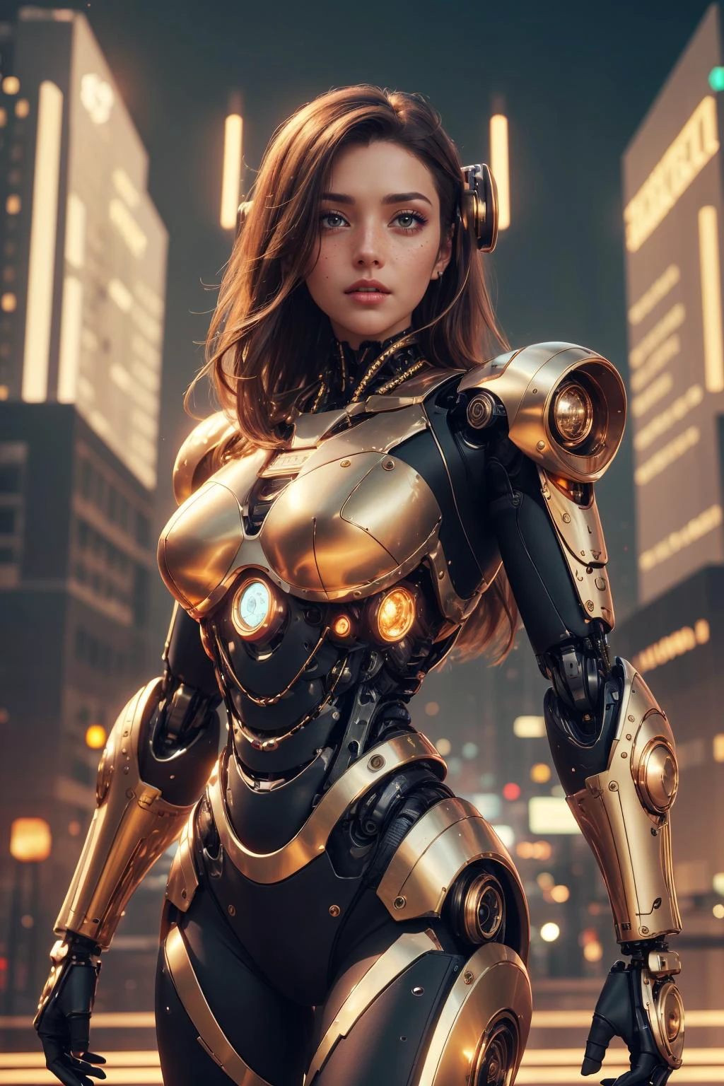 8k uhd, (best quality:1.2), (masterpiece:1.2), very detailed, intricate details, hyper detailed, <lora:realistic:0.3>, <lora:sharpen-soften:-0.25>,
1 girl, adult (elven:0.7) woman, freckles, jade eyes, dark blonde long hair,
solo, upper body, looking down, detailed background, detailed face, (<lora:GoldenTech:0.6>, golden, scifi, goldentech theme:1.1), android, cyborg, biomechanical limbs, high-tech, dynamic pose, sleek design, augmented reality, steel, digital implants, nanobots, robotics, gears, gadgets, powered by fire, holograms, bright pink lights, force field, neon colors, futuristic cityscape in background, epic atmosphere,