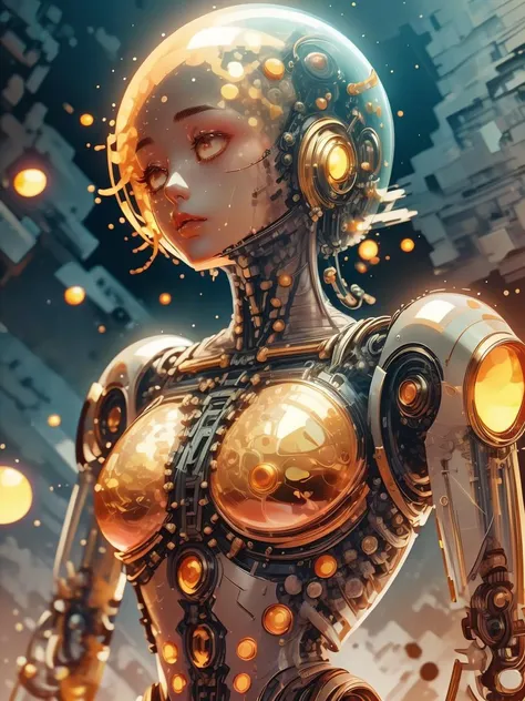 (Preview Photo:1.3) of (Screen print:1.3) <lora:GoldenTech:0.7> goldentech, golden, reflective, scifi <lora:GelatinTech:0.75> gelatintech, see-through, transparent, scifi <lora:M4rbleSCNEWCIVIT(1):0.6>,Highly Detailed,robot,((cyborg)),machine,futuristic,concept Art by senior character Artist,featured on zbrush central,trending on polycount,trending on ArtStation,CGSociety,hard surface modeling, <lora:LCM_LoRA_Weights_SD15:1>