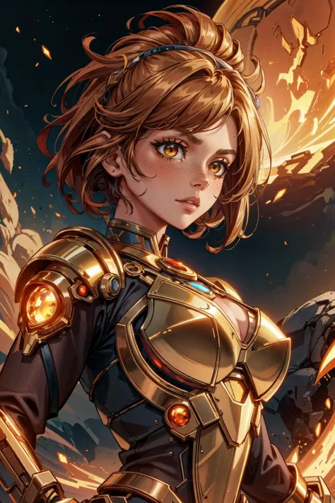 (masterpiece:1.2, best quality:1.2, beautiful, high quality, highres:1.1), detailed, extremely detailed, abstract art, dark, 4K, <lora:add_detail:0.5>, <lora:kittew_v0.1:0.3>, <lora:mitsuart_v8.1a:0.2>,
1 girl, adult (elven:0.7) woman, freckles, brown eyes, yellow blowout hair, 
(style-swirlmagic:0.8), portrait, solo, upper body, detailed background, detailed face, (<lora:GoldenTech:0.6>,  reflective, scifi, goldentech theme:1.1)    primal fiery armored champion, [heavy armor:molten rock:2], engulfed in flames, ruby gemstone, flowing magma,  heat,     volcano in background,   cinematic fiery atmosphere,