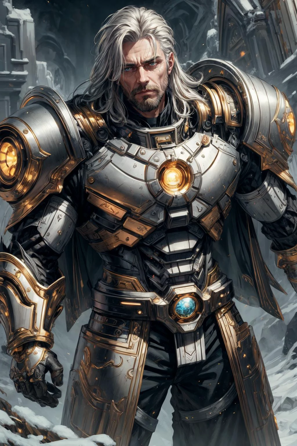 (masterpiece, best quality), colorful paint style, <lora:add_detail:1>
(1man, masculine adult male:1.2), silver eyes, platinum blonde hair, long hair,
portrait, solo, (full body:0.6), detailed background, detailed face, (<lora:GoldenTech:0.6>, scifi, goldentech theme:1.1), green northern warrior, stern expression, dynamic pose, heavy armor, cape, surrounded by magical aura, cold, snowy background, stone temple in background epic atmosphere,