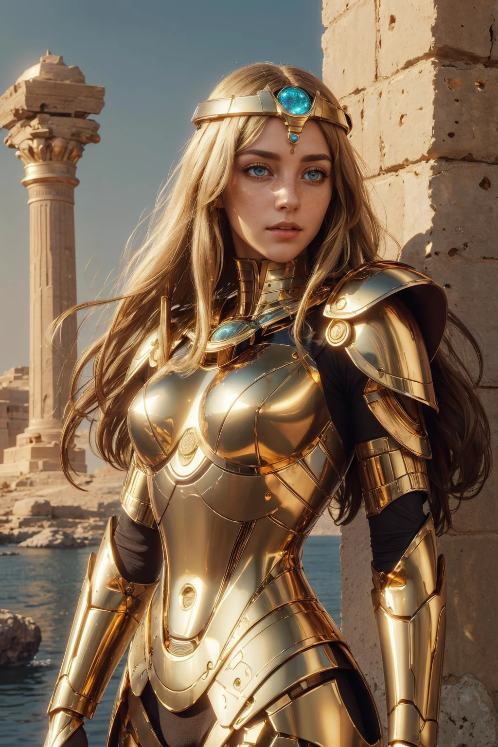 (masterpiece:1.1), (highest quality:1.1), HDR, extreme quality, cg, (negative space), detailed face+eyes, (bright colors), complimentary colors, limited palette, fine art,
1 girl, adult hungarian woman, freckles, green eyes, white shaggy hair,
looking at viewer, solo, upper body, detailed face, (<lora:GoldenTech:0.6>, golden, reflective, scifi, goldentech theme:1.1) oracle, stoic expression, dynamic pose, flowing hair, blue simple armor, egyptian mythology, oasis, egyptian obelisk, scarab beetle, bronze age, stone archways, mediterranean landscape, river in background, brazier, burning embers, epic atmosphere, floating bronze particles,