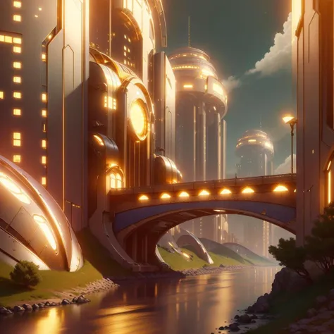 <lora:GoldenTech-20:1>,goldentech ,scifi, golden, reflective ,
city, bridge, river