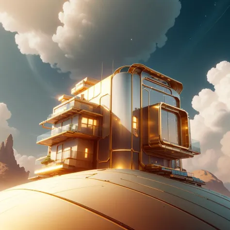 <lora:GoldenTech-20:0.8>,goldentech ,scifi, golden, reflective ,
house on a hill