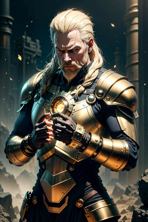 reate a photorealistic image of a warlord wizard casting a spell. Utilize state-of-the-art techniques, including HDR, CGI, VFX, and insane levels of detail to create an ultra-sharp and ultra-realistic image. Use Unreal 5 and Octane Render to bring the scene to life, with a focus on creating an intricate masterpiece that showcases the wizard's power and magical prowess <lora:Epi_noiseoffset2:1> <lora:add-detail-xl:0.8> <lora:GoldenTech:0.8> goldentech, golden, reflective , scifi,