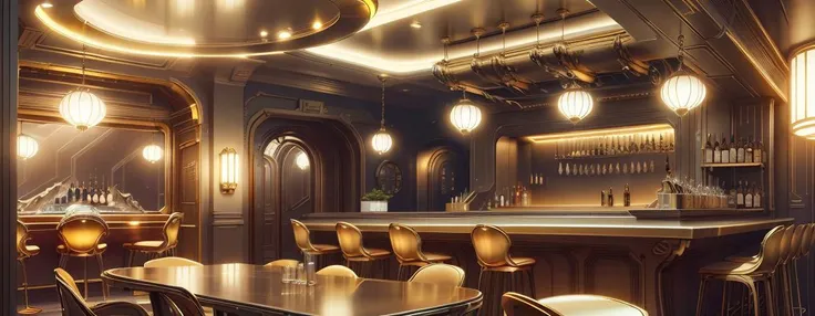 <lora:GoldenTech-20:0.8>,goldentech ,scifi, golden, reflective ,
bar Lounge,no humans,