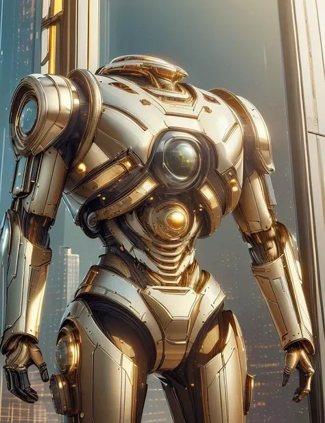 ((best quality)), ((masterpiece)), ((realistic)), (detailed),goldentech Towering machine, Soothing,Pop-up Windows,Casual , reflecctive, scifi, tech, futuristic, ((masterpiece)), 8K, HDR, <lora:GoldenTech:0.8> , golden, reflective , scifi