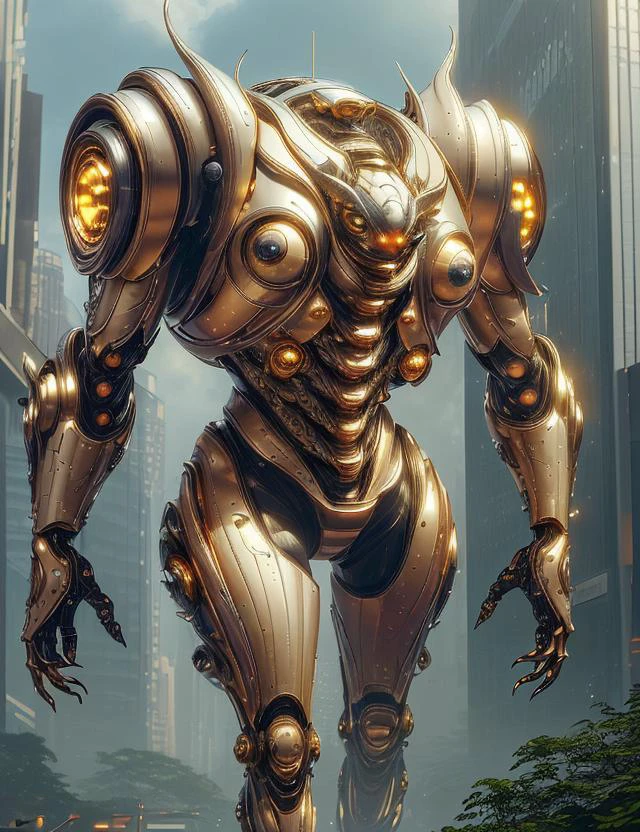 ((best quality)), ((masterpiece)), ((realistic)), (detailed),goldentech Tiny Monstrous Symbiotic Urban Appendage-rich, 1 Leg Quadrumanual, Plantigrade Appendages, nine-Tailed Curved-Tailed, Spiky Scales, Horns with Tips Proboscis , reflecctive, scifi, tech, futuristic, ((masterpiece)), 8K, HDR, <lora:GoldenTech:0.8> , golden, reflective , scifi
