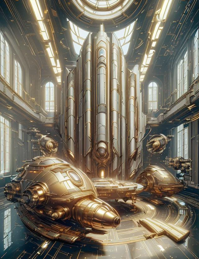 ((best quality)), ((masterpiece)), ((realistic)), (detailed),goldentech Celestial Starship Docking Bay, Toothbrush and Toothpaste,Potion Vials,Coffee Table,Wardrobe, Vinyl and Precast Concrete and Jacquard Weave tapestry, Sunlight through Windows, Track Lighting, Biopunk, reflecctive, scifi, tech, futuristic, ((masterpiece)), 8K, HDR, <lora:GoldenTech:0.8> , golden, reflective , scifi