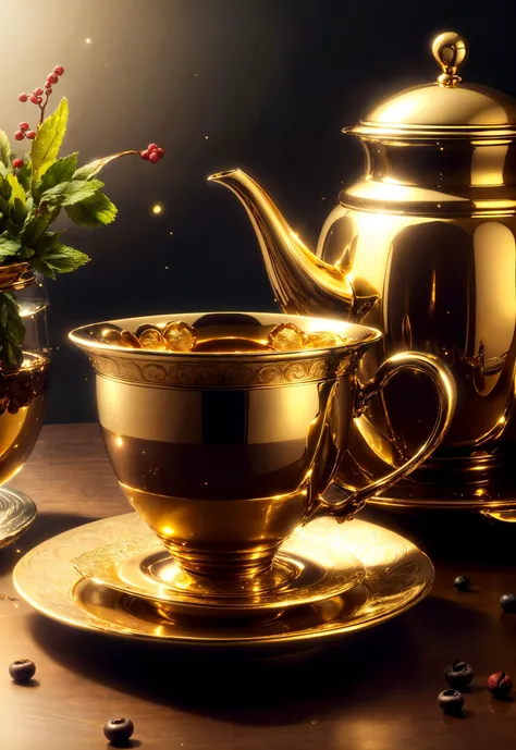 <lora:add_detail:0.4> <lora:GoldenTech:0.6> goldentech, (masterpiece, best quality, realistic, detailed, crisp:1.2), (symmetrical, from the front, low angle, picture), (golden coffee cup), tea service, mint, berries, sweets, elegant, upper class, dim light, light particles, sidelighting, gleam, shine, reflective,