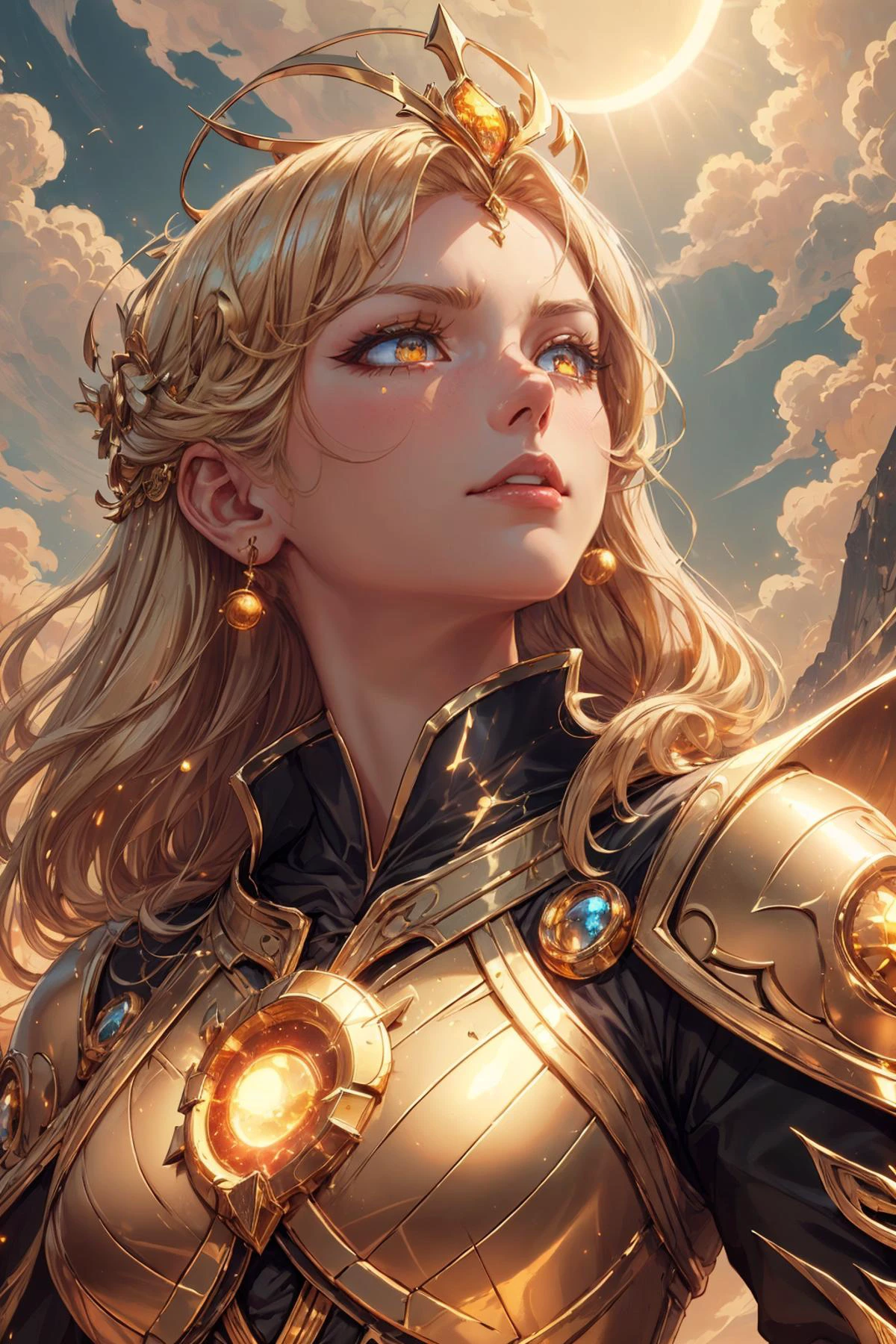 beautiful and detailed illustration, pop art, masterpiece, best quality, ultra-detailed, soft lighting, cinematic shot, vibrant colors, gorgeous colors, <lora:add_detail:0.3>, <lora:stylesqueeze_v2:0.5>,
1 girl, adult (elven:0.7) woman, ruby eyes, medium blonde hair flaps,
portrait, solo, half shot, looking up, detailed background, detailed face, (<lora:GoldenTech:0.6>, golden, reflective, goldentech theme:1.1), glowing eyes, solar-mage, bringer of the light, wearing intricate yellow-red sorcerer robes, solar cloak, sun-touched crown, vengeful anger, burning amulet of helios, bruning dagger of solar power, magical celestial inscriptions, solar eclipse in background, blinding sunlight, light clouds, ethereal atmosphere,