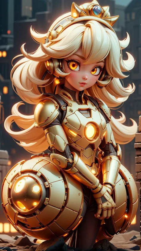 <lora:GoldenTech-20:0.8>,goldentech,scifi,golden,princess peach,1girl,long hair,white hair,glowing eyes,