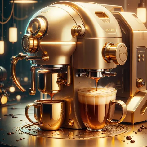 <lora:GoldenTech-20:0.8>,goldentech ,scifi, golden, reflective ,
coffee machine , mug,