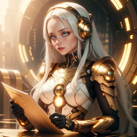 <lora:GoldenTech-20:0.8>,goldentech  ,scifi,  golden,
scholar , scroll, 1girl,long hair, white hair, glowing eyes,