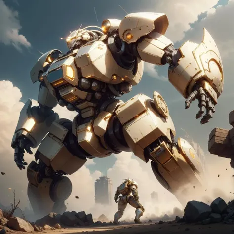 <lora:GoldenTech-20:0.8>,goldentech ,scifi, golden, reflective ,
battle mech , destruction,