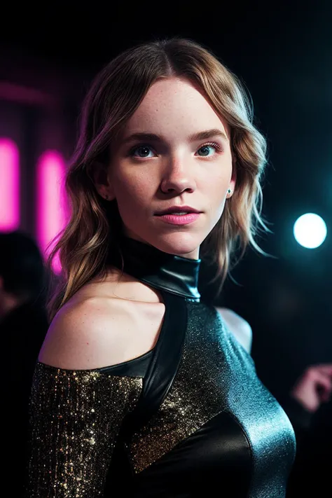TamzinM_SoloTI_v1, PA7_Portrait-MCU,
a woman, perfect hair,
(A glamorous nightclub-inspired outfit featuring a sleek bodycon dress with shimmering sequins, paired with strappy heels for a bold and alluring look:1.1),
((In the neon-lit atmosphere of a bustling nightclub, surrounded by pulsating music and the excitement of the dance floor:1.2)),
(seductive), photorealistic, masterpiece, high quality, artistic, unique, award winning photograph, professional, 8k, RAW photo, best quality,flattering, (cinematic:1.3) shallow DOF, depth of field,sharp focus,
<lora:add_detail:0.6>, <lora:LowRa:0.2>