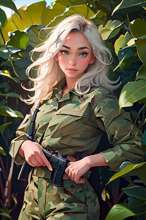 Merger_jenn_vladienne,
(a (soldier:1.1) in the jungle on manoeuvrers wearing (army fatigues:1.2) and holding a rifle, (camouflage:1.2), military, uniform, military, camouflage uniform:1.2),
bokeh, f1.4, 40mm, photorealistic, raw, 8k, textured skin, skin pores, intricate details <lora:epi_noiseoffset2:1>, epiCRealism <lora:ClothingAdjuster3:-1>