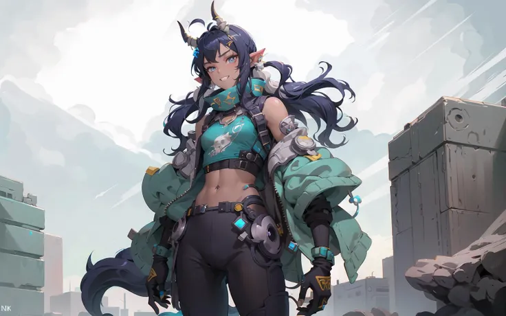 nijilorahorn a pertty nijiboy with crystal - clear horns, wearing blue - green skiwear, twintails, big beautiful ODD eyes, big warm grin, On the streets of a cyberlunk desert city <lora:nijilorahorn-000001:0.8>