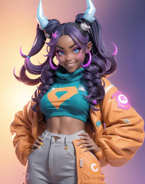 nijilorahorn a pertty nijigirl with crystal - clear horns, wearing blue - orange skiwear, twintails, big beautiful ODD eyes, big warm grin, On the streets of a cyberlunk desert city <lora:nijilorahorn-000001:0.8>