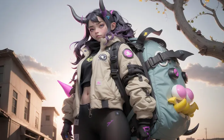 nijilorahorn a pertty nijigirl with horns, wearing techwear jacket, long wavy hair, big ODD eyes, big warm grin, carrying a backpack, On the streets of a cyberpunk city <lora:nijilorahorn-000001:0.8>