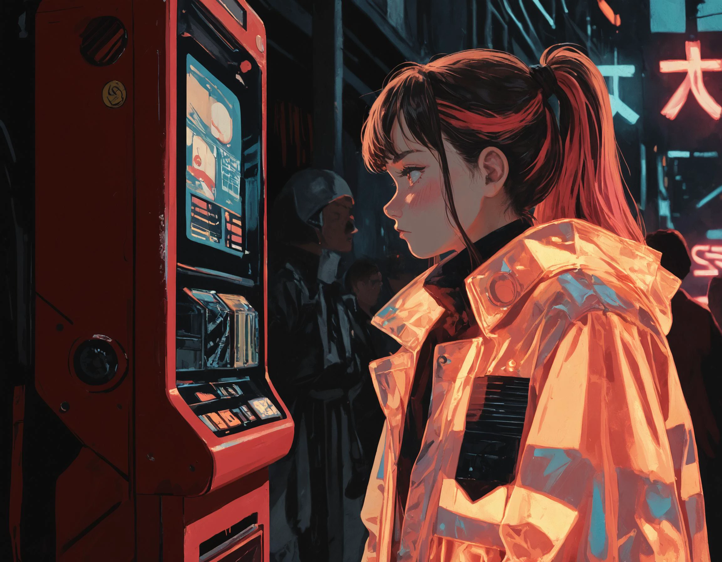 score_9, score_8_up, score_7_up, rating_safe, <lora:stormdelta:1>, <lora:MJ52:.7> <lora:laser_light_clothes_v0.5-pony:.6> laser light clothes, futuristic markets, <lora:PastelStylePonyXL:1> pastel style, <lora:ra1nstyle:0.45>
vending machine, science fiction,
1girl, looking at object, multicolored hair, blush, laser light coat, long hair, looking away, ponytail, thinking, crowded, neon lights,