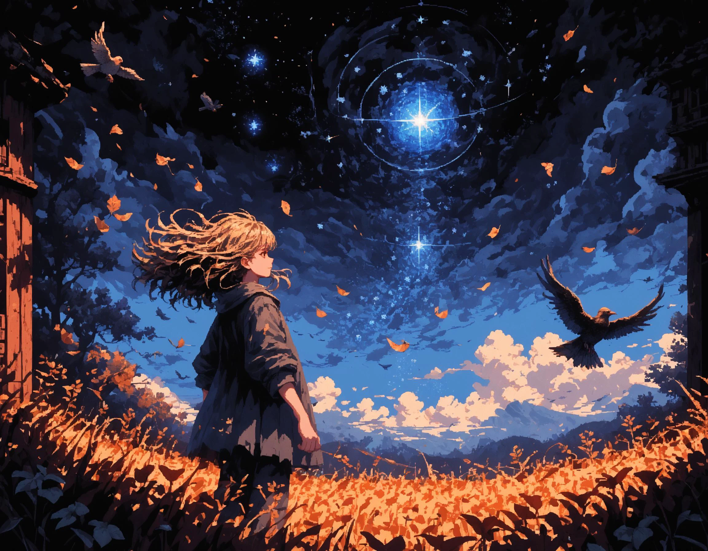 score_9, score_8_up, score_7_up, score_6_up,score_5_up,score_4_up, source_anime,
cosmic, floating hair, floating clothes, motion blur, wind, wind lift, falling leaves, bird,
<lora:StS_detail_slider_v1:-2> <lora:d3p1x3lXLP:0.9> d3p1x3l, pixel art, <lora:cr33pXLP:1> cr33p, <lora:rain-style:0.25>