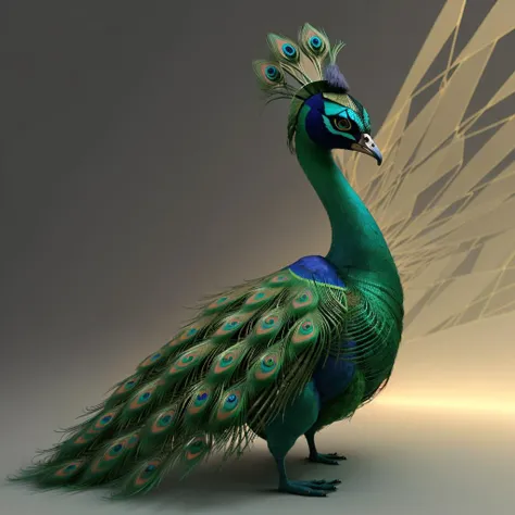 abstract geometry art of peacock , abstract concept, should be plain yet have 3d shadow depths , intricate details, photo light shadow art effects, 3d realistic render