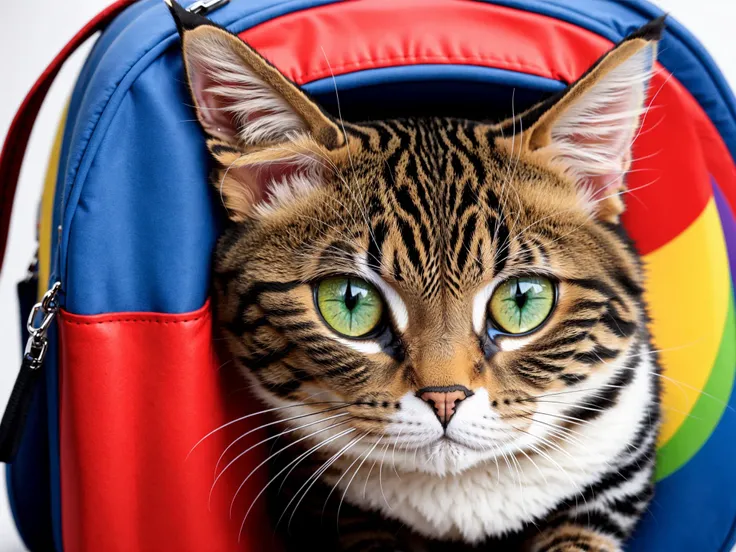 the cat in the bag, hyper-realistic, colorful background, detailed portrait, intricate details, vibrants colors, realistic style,