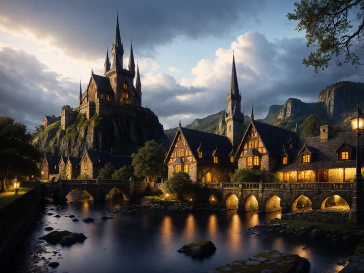 Medieval Fantasy Village, Gothic Architecture, steps, Riverside, Beautiful, Mystical, Lovely, water, fantasy, Picturesque, Threatening sky, Winter, intricate detail, detailed, Dramatic lighting, Chiaroscuro, Concept art, Digital art, Jordan Grimmer, Darek Zabrocki