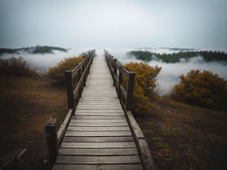 old wooden bridge leading to nowhere in the fog, broken, gloomy dark blue, mysterious, loneliness, realistic, 8k