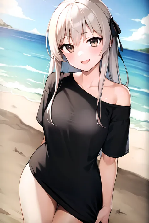 masterpiece, best quality, beach, kasugano sora, shirt tug, black t-shirt, happy, bare shoulders, white dress, brown eyes, white hair, long hair, hair ribbon, looking at viewer <lora:KasuganoSora_v3:0.8> <lora:shirtTugPoseLORA_shirtTug:1>