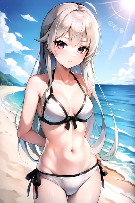 masterpiece, best quality, beach, kasugano sora, medium breasts, white hair, latex bikini, black latex, pout, looking at viewer <lora:Sora_b_2:0.6> <lora:kawaiipouts_:0.5>