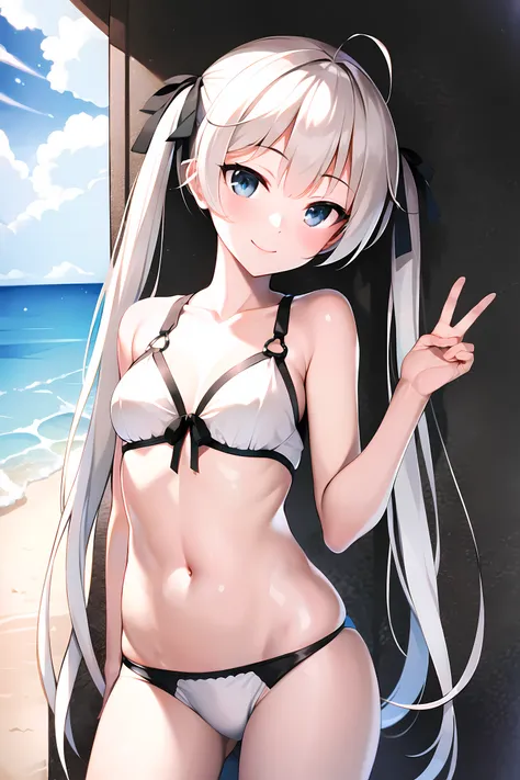 masterpiece, best quality, beach, kasugano sora, medium breasts, white hair, twintails, hair ribbon, light smile, looking at viewer <lora:KasuganoSora_v3:0.8>