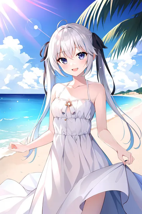 masterpiece, best quality, beach, kasugano sora, happy, bare shoulders, white dress, white hair, twintails, long hair, hair ribbon, looking at viewer <lora:Sora_b_2:0.6>