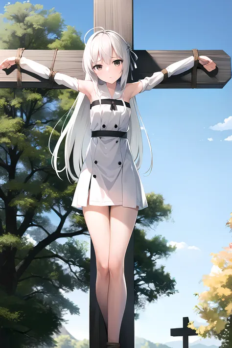 masterpiece, best quality, crucifixion, (bound:1.3), wooden cross , blue sky, kasugano sora, brown eyes, depressed, bare shoulders, white dress, white hair, long hair, black ribbon, looking at viewer  <lora:KasuganoSora_v3:0.8> <lora:ConceptCrucifixion_crucifixionv1000006:1>