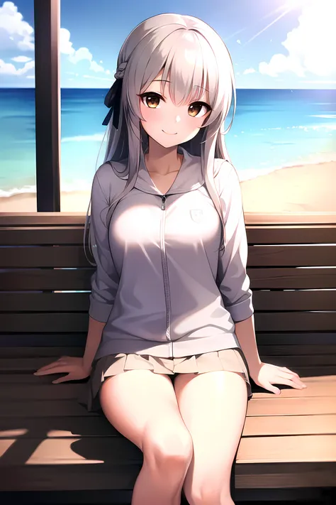 masterpiece, best quality, beach, kasugano sora, brown eyes, white hair, hair ribbon, light smile, looking at viewer <lora:KasuganoSora_v3:0.7>