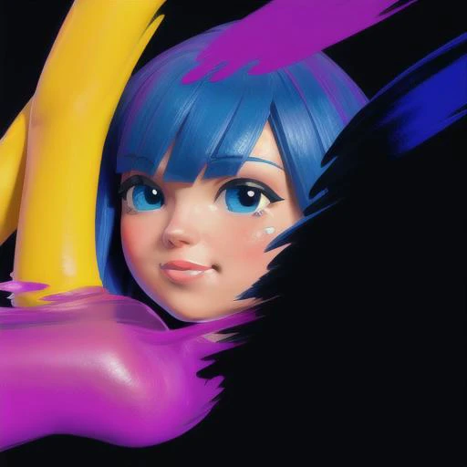 1girl, solo, blush,happy,<lora:getaisplash:0.3>,splash artstyle,black background, colorful, abstract,