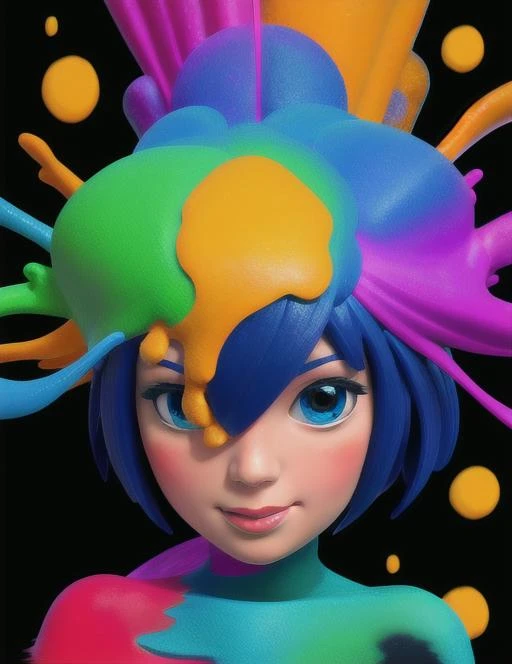 1girl, solo, blush,happy,<lora:getaisplash:0.3>,black background, colorful, abstract,splash artstyle