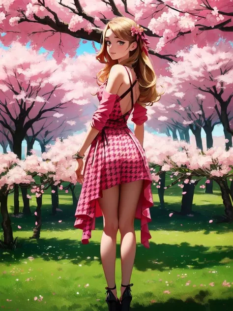 (((Medium shot:1.5)))photo of  a 30 years old (E-Girls_Mansion_Celestina),2girls soft smile,  modelshoot style, (extremely detailed), (CG unity 8k wallpaper), Intricate, High Detail, Sharp focus, dramatic, ((photorealistic)), (((background(A tranquil orchard with blooming cherry trees)))), ((posing for a photo)), (detailed pupils:1.2),warm smile, suntan, bronze skin, (full body shot, 8k, RAW photo, best quality, depth of field, ultra high res:1.2), (absurdres, intricate, photorealistic, masterpiece, ultra-detailed:1.3, cinematic lighting), shot at eye level, photography on a Fujifilm X-T4 with a 50mm lens, indoors, modelstyle photography setting,(from behind back view, small waist, medium hips, perfect ass, prominent round ass sticking out:1.5),(standing legs apart) wide depth of field,( very long blond  hair:1.5) ,  glossy  lips, soft skin, elegant makeup, wearing  ((see-through:1.25) black mesh top long sleeves),<lora:p1nkh0undst00th:0.79> (p1nkh0undst00th:1.5),  pink dress, houndstooth, straps,