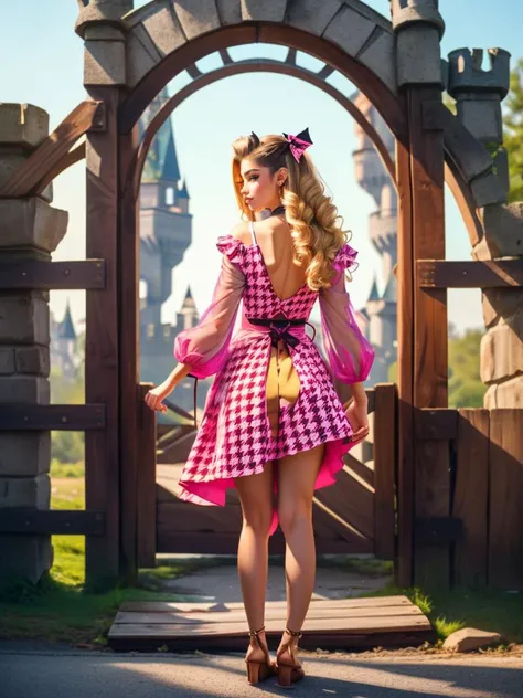 (((Medium shot:1.5)))photo of a 30 years old (Influencers Deluxe_Keira_Munroe),2girls soft smile, modelshoot style, (extremely detailed), (CG unity 8k wallpaper), Intricate, High Detail, Sharp focus, dramatic, ((photorealistic)), (((background(A stone castle gate with a wooden drawbridge)))), ((posing for a photo)), (detailed pupils:1.2),warm smile, suntan, bronze skin, (full body shot, 8k, RAW photo, best quality, depth of field, ultra high res:1.2), (absurdres, intricate, photorealistic, masterpiece, ultra-detailed:1.3, cinematic lighting), shot at eye level, photography on a Fujifilm X-T4 with a 50mm lens, indoors, modelstyle photography setting,(from behind back turned Looking at viewer over shoulder, small waist, medium hips, medium perfect ass,focus on lower body:1.5),(kneeling legs apart) wide depth of field,( very long Golden blonde hair:1.5) , glossy lips, soft skin, elegant makeup, wearing (see-through:1.25) black mesh top long sleeves,<lora:p1nkh0undst00th:0.69> p1nkh0undst00th, pink dress, houndstooth, straps,