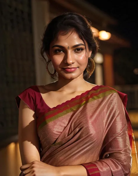 hires headshot photo of 30-year-old (adje woman:1), ultra sharp, looking straight at camera, dynamic pose, smiling, (cotton_saree_blouse:1.2), realistic skin texture, night time, bokeh lights, film grain <lora:adje_Andrea_Jeremiah_SD15_LoRA:0.8>